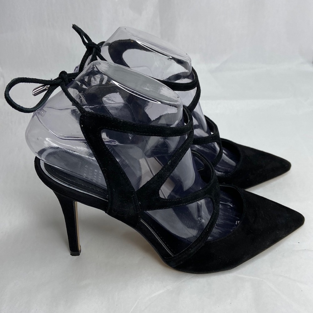 White House black market size 8 black strappy sandals with tie in back 4” heel